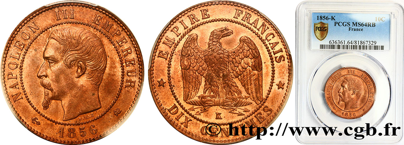 Dix centimes Napoléon III, tête nue 1856 Bordeaux F.133/38 SPL64 PCGS