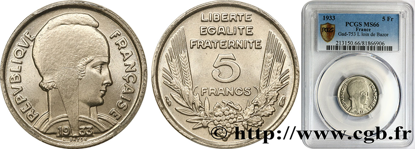5 francs Bazor 1933  F.335/2 FDC66 PCGS