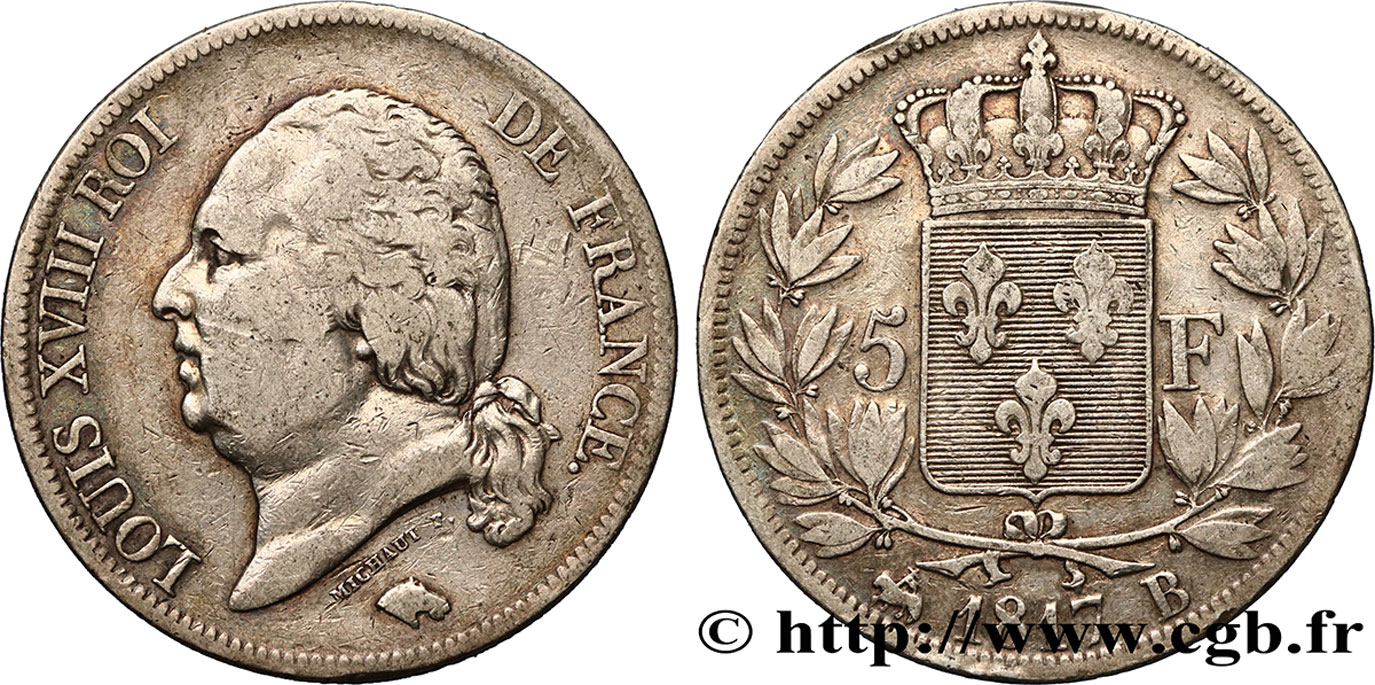 5 francs Louis XVIII, tête nue 1817 Rouen F.309/15 VF25 