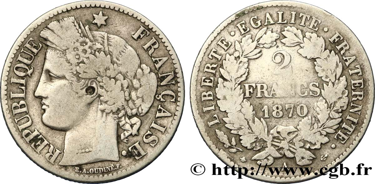 2 francs Cérès, avec légende 1870 Paris F.265/1 VG10 