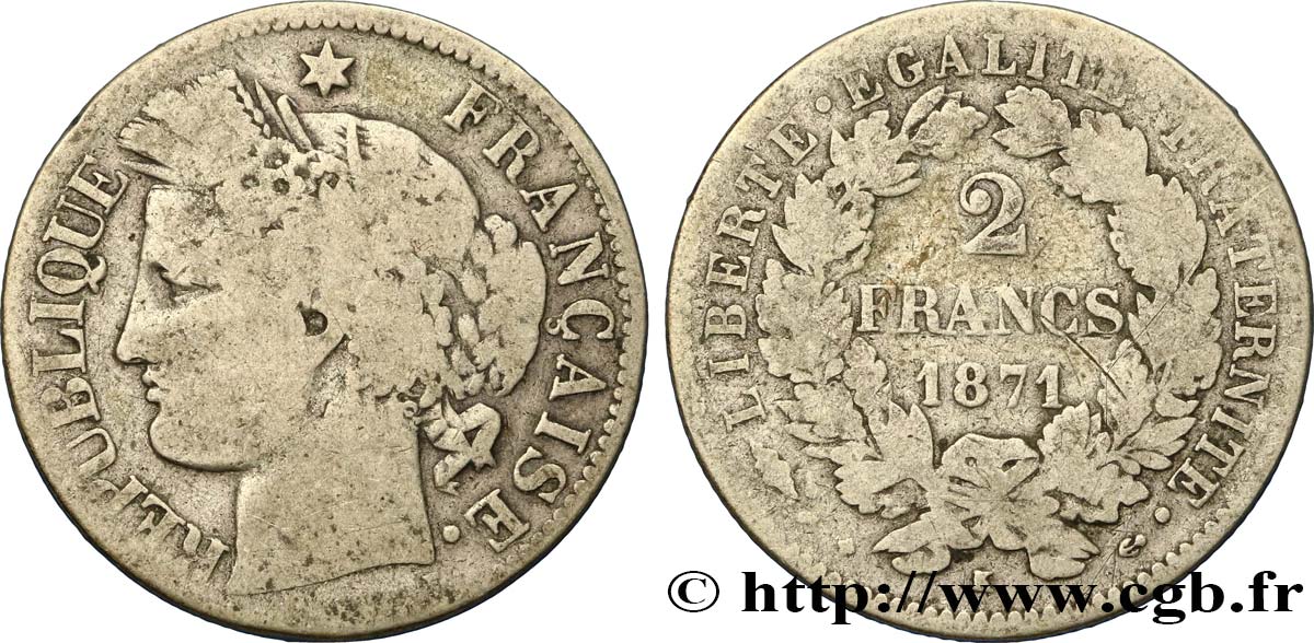 2 francs Cérès, avec légende 1871 Bordeaux F.265/7 VG10 