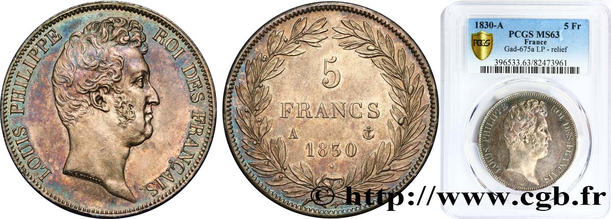 5 francs type Tiolier sans le I, tranche en relief 1830  Paris F.314/1 SC63 PCGS