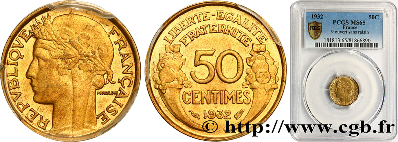 50 centimes Morlon, sans raisin ni fruit, 9 et 2 ouverts 1932  F.192/8 MS65 PCGS