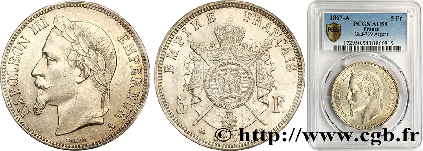 5 francs Napoléon III, tête laurée 1867 Paris F.331/10 SUP58 PCGS