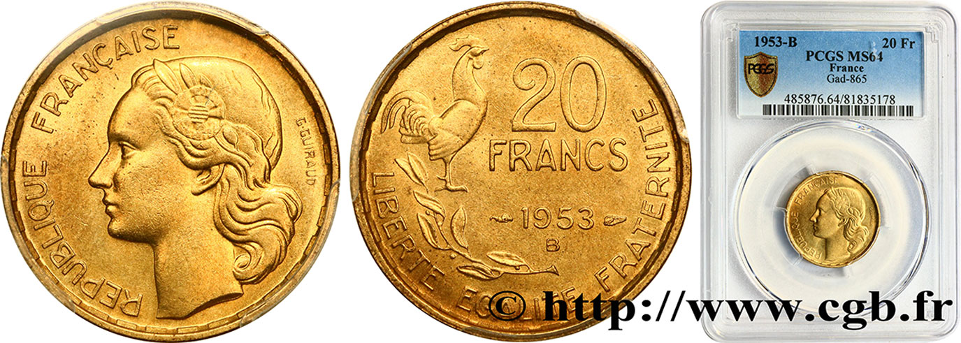 20 francs G. Guiraud 1953 Beaumont-Le-Roger F.402/12 MS64 PCGS