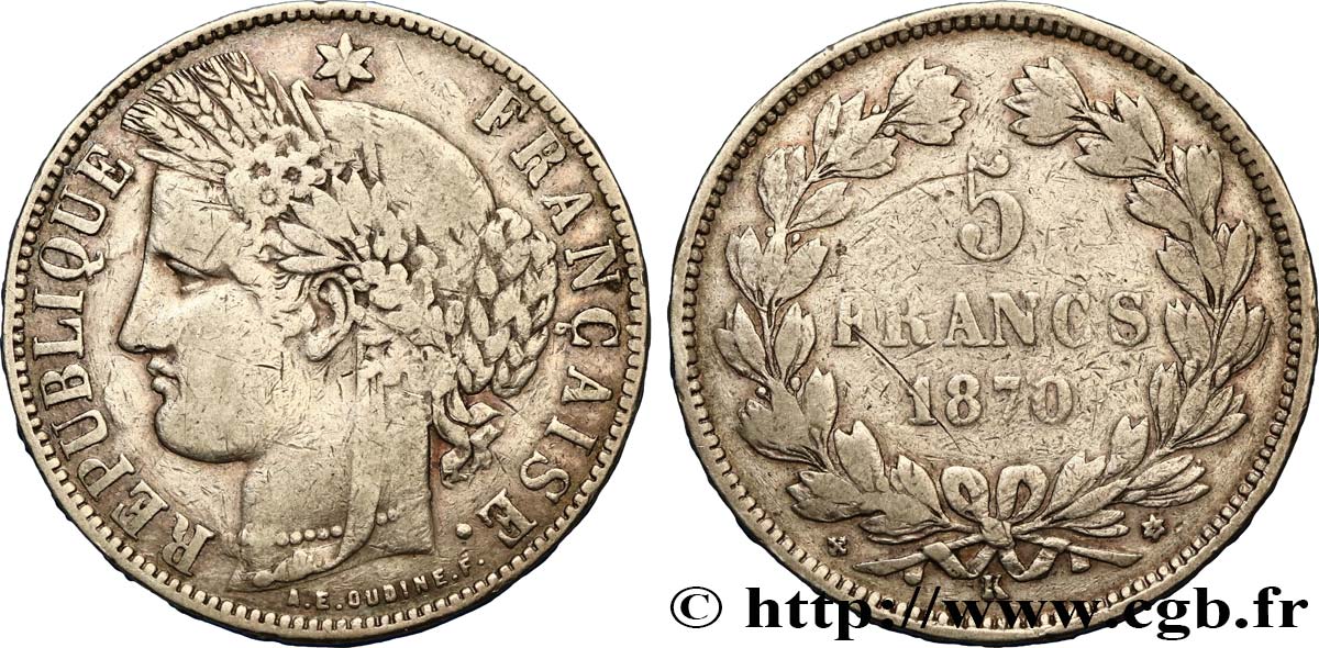 5 francs Cérès, sans légende, A.E. Oudiné 1870 Bordeaux F.332/7 VF25 