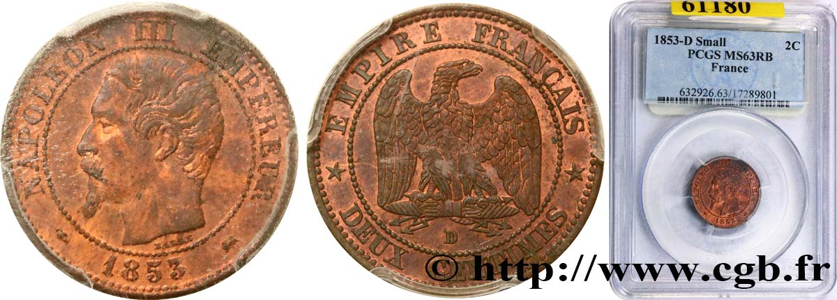 Deux centimes Napoléon III, tête nue 1853 Lyon F.107/5 SPL63 PCGS