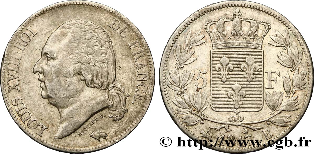 5 francs Louis XVIII, tête nue 1817 Rouen F.309/15 TTB42 