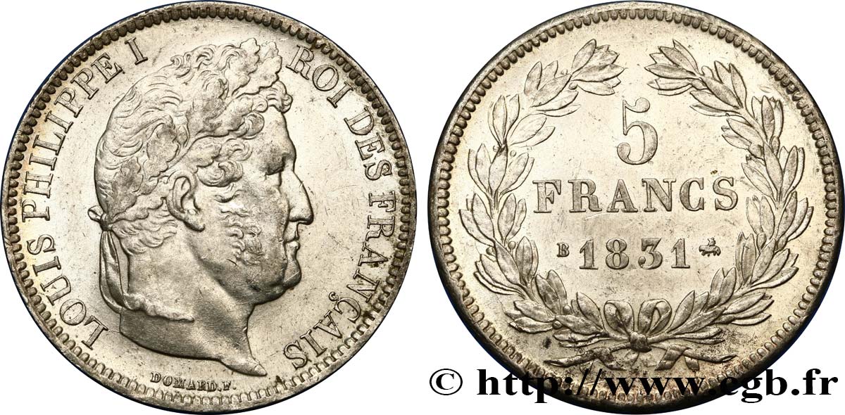 5 francs Ier type Domard, tranche en relief 1831 Rouen F.320/2 AU52 
