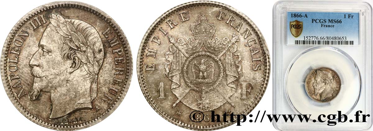 1 franc Napoléon III, tête laurée 1866 Paris F.215/3 FDC66 PCGS