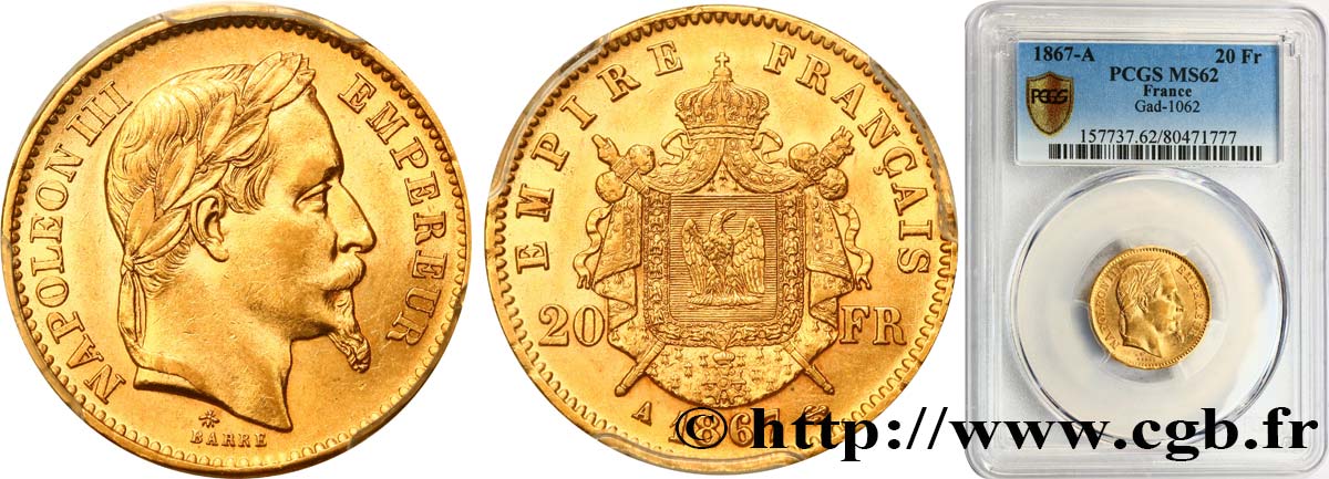 20 francs or Napoléon III, tête laurée 1867 Paris F.532/15 SUP62 PCGS
