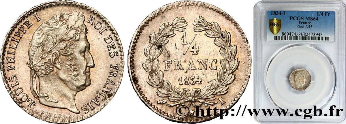1/4 franc Louis-Philippe 1834 Limoges F.166/42 MS64 PCGS