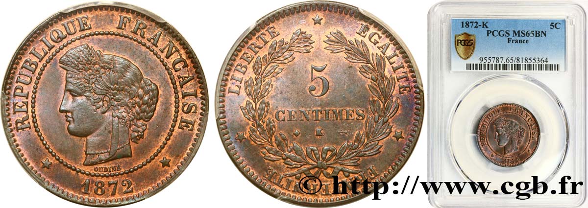 5 centimes Cérès 1872 Bordeaux F.118/6 MS65 PCGS