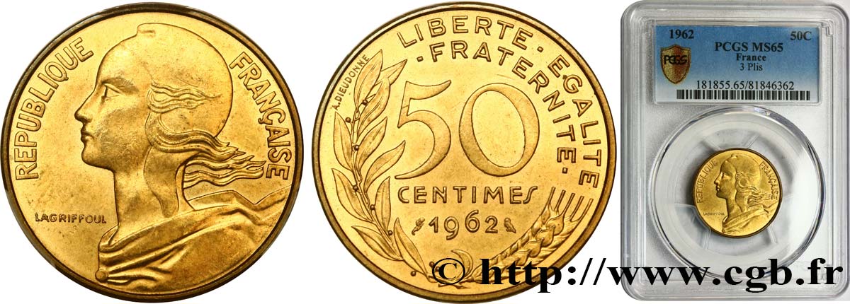 50 centimes Marianne, col à trois plis 1962 Paris F.197/2 FDC65 PCGS