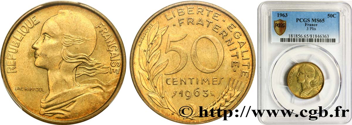 50 centimes Marianne, col à trois plis 1963 Paris F.197/4 FDC65 PCGS