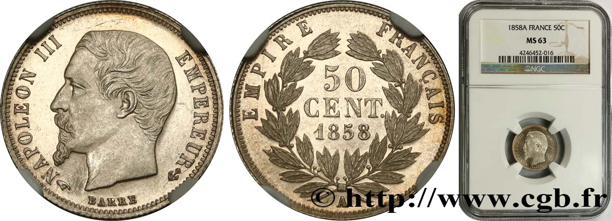 50 centimes Napoléon III, tête nue 1858 Paris F.187/9 MS63 NGC