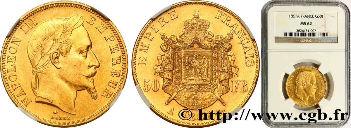50 francs or Napoléon III, tête laurée 1867 Paris F.548/8 SUP62 NGC