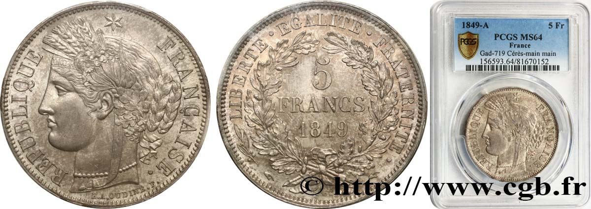 5 francs Cérès, IIe République, Main/Main 1849 Paris F.327/2 SPL64 PCGS