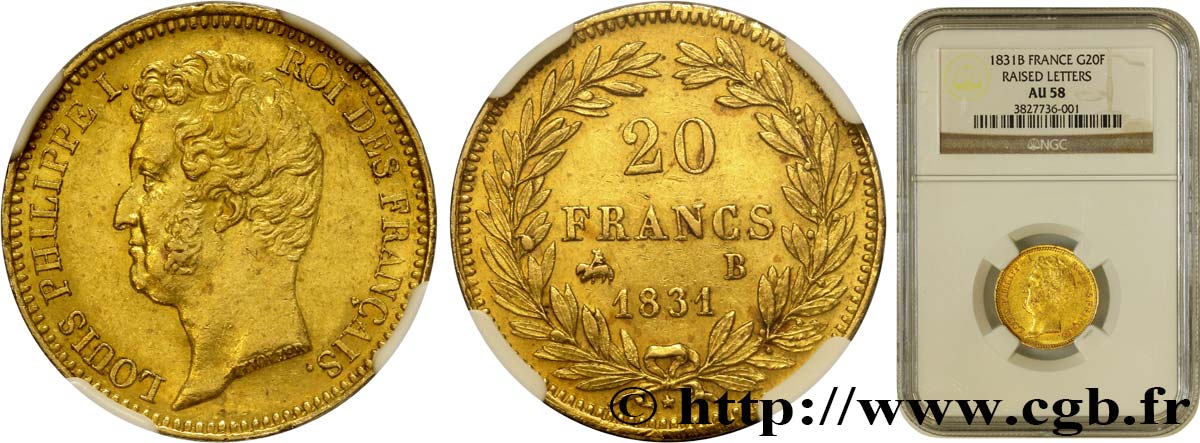 20 francs or Louis-Philippe, Tiolier, tranche inscrite en relief 1831 Rouen F.525/3 SPL58 NGC