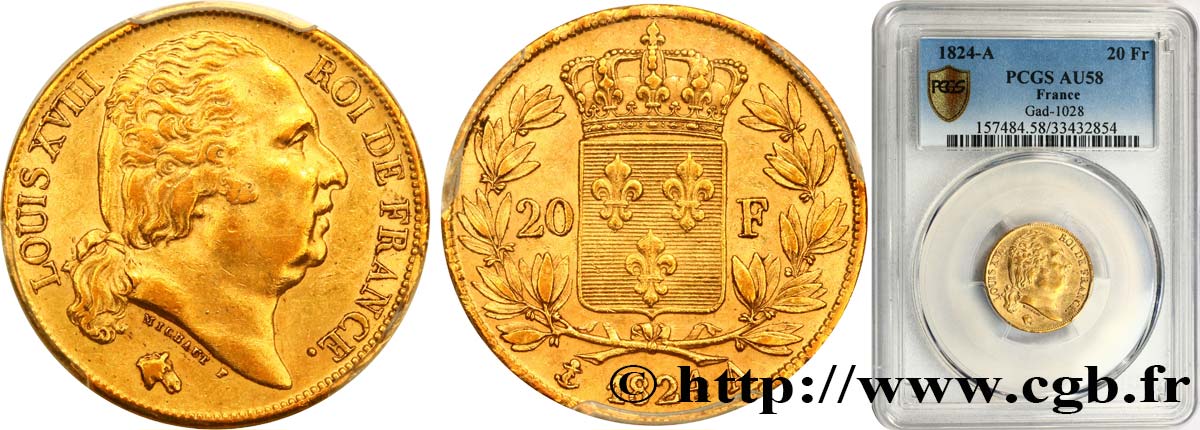 20 francs or Louis XVIII, tête nue 1824 Paris F.519/31 SPL58 PCGS