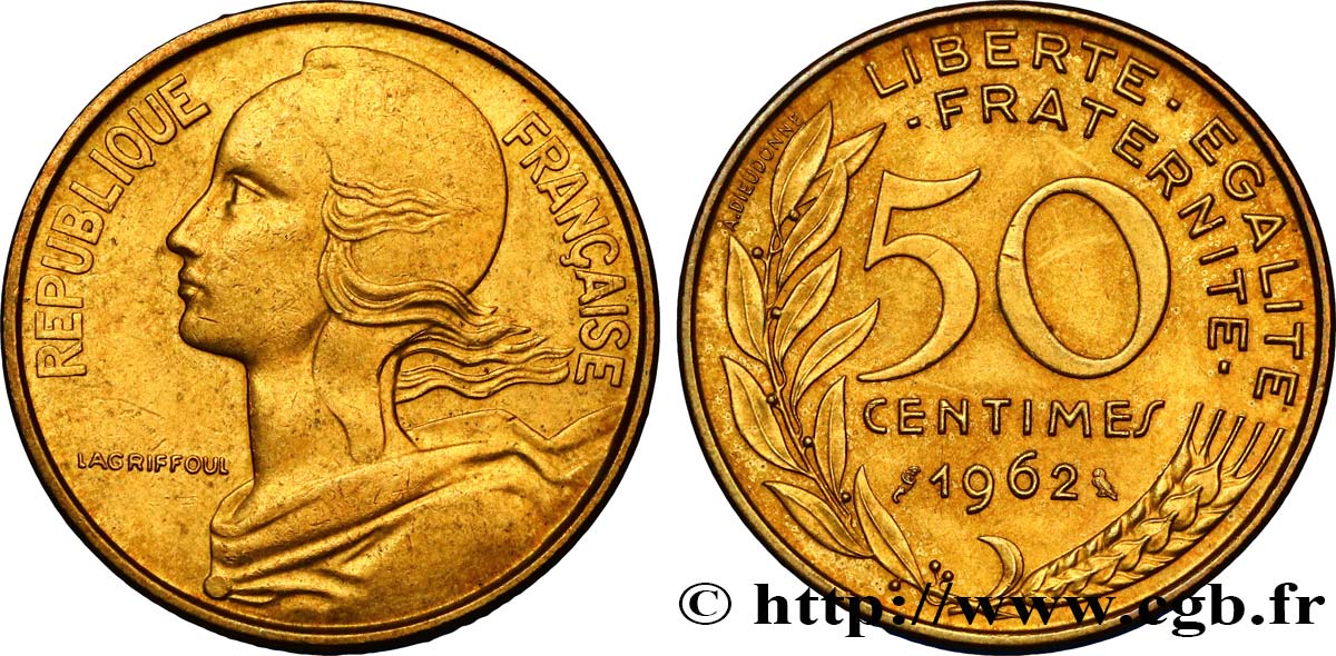 50 centimes Marianne, col à trois plis 1962 Paris F.197/2 AU54 