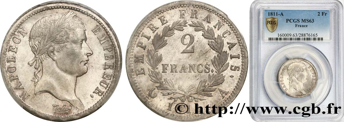 2 francs Napoléon Ier tête laurée, Empire français 1811 Paris F.255/24 SPL63 PCGS