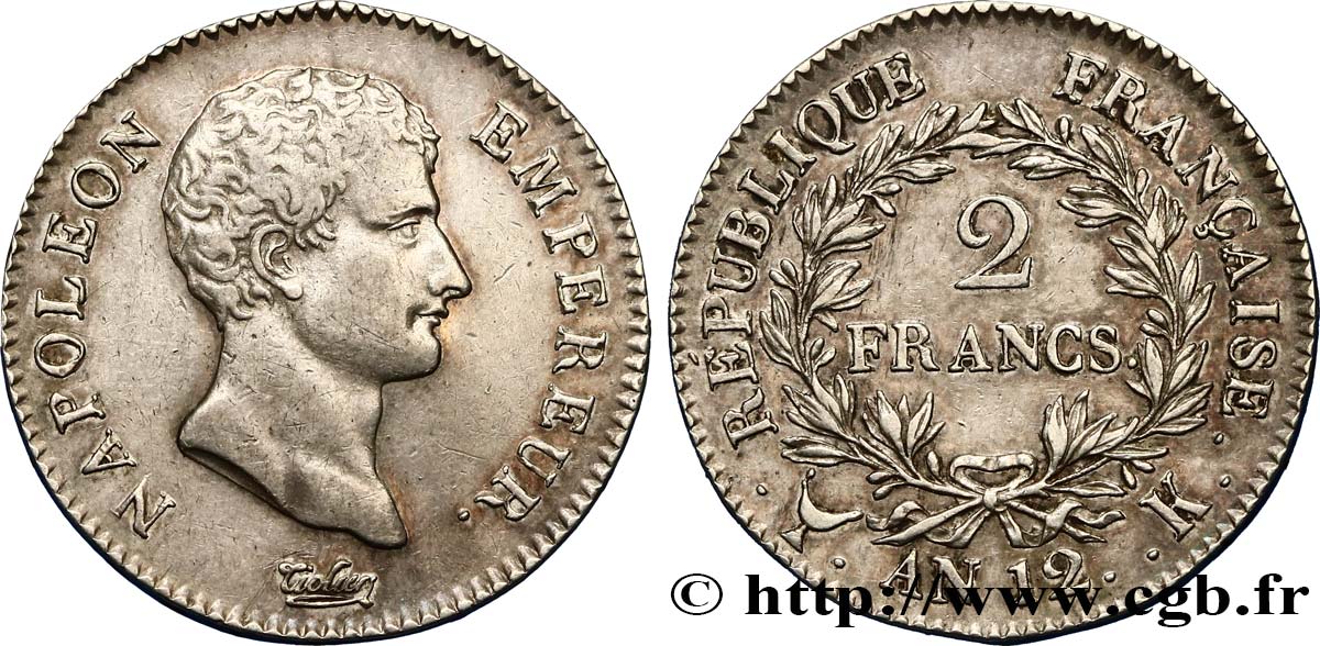 2 francs Napoléon Empereur, Calendrier révolutionnaire 1804 Bordeaux F.251/6 XF48 
