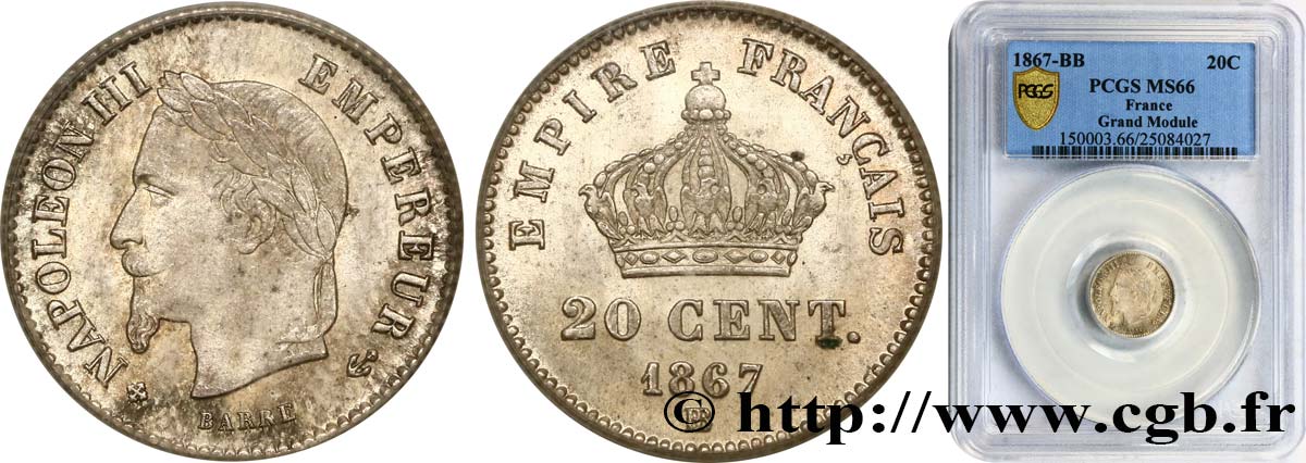 20 centimes Napoléon III, tête laurée, grand moduleinternet 1867 Strasbourg F.150/2 ST66 PCGS