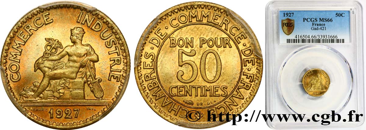 50 centimes Chambres de Commerce 1927 Paris F.191/9 MS66 PCGS