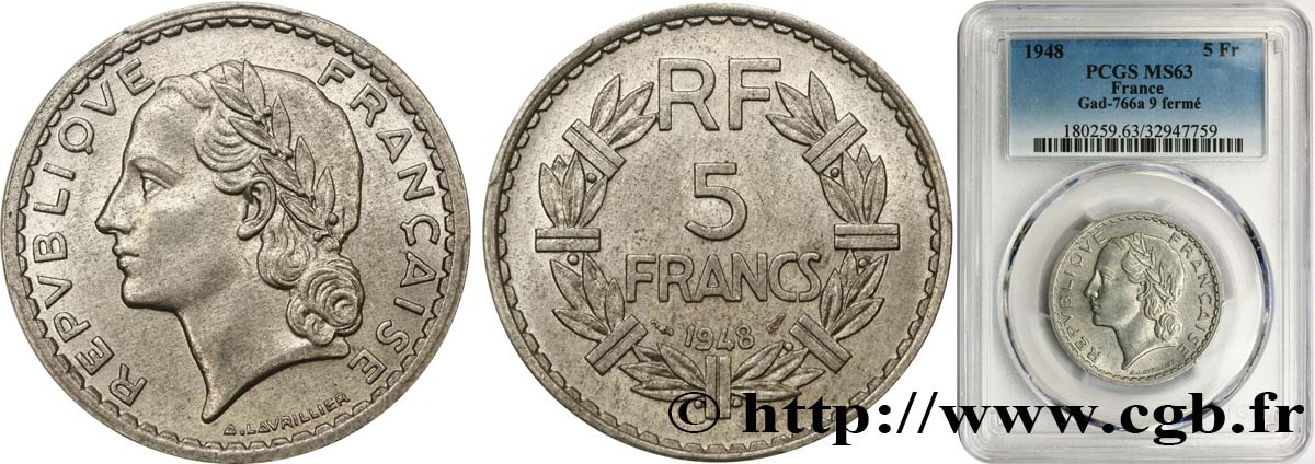 5 francs Lavrillier, aluminium, 9 fermé 1948  F.339/14 SC63 PCGS