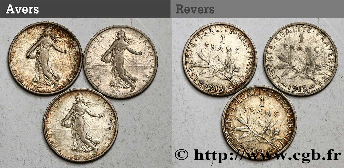 Lot de 3 monnaies - 1 franc semeuse 1913 Paris F.217/18 TB25