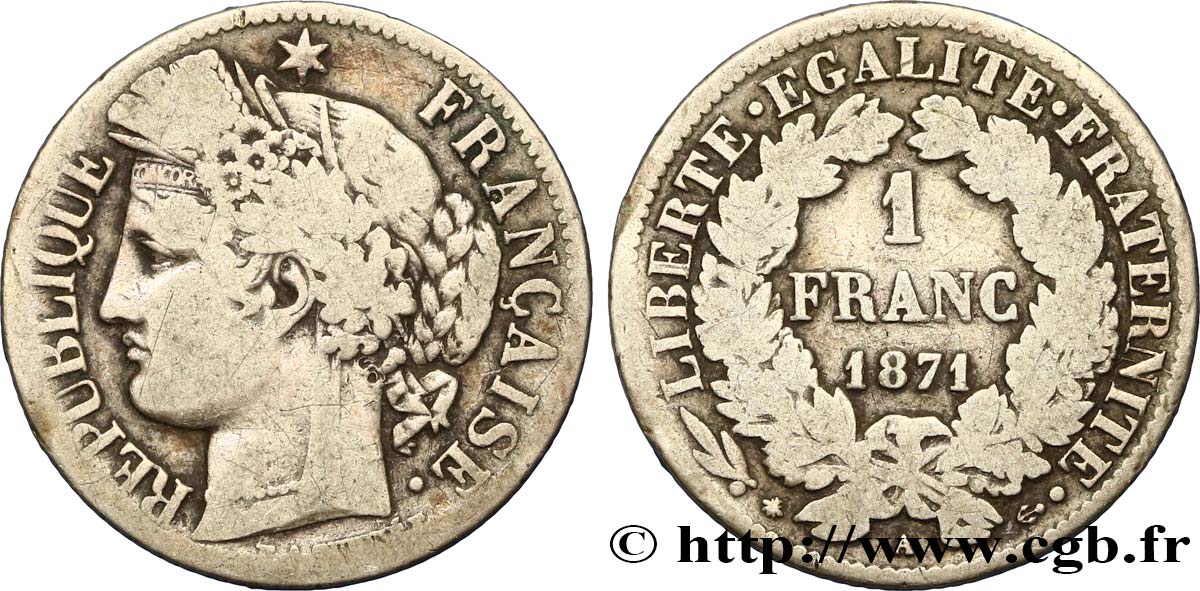 1 franc Cérès, IIIe République, petit A 1871 Paris F.216/2 VG 