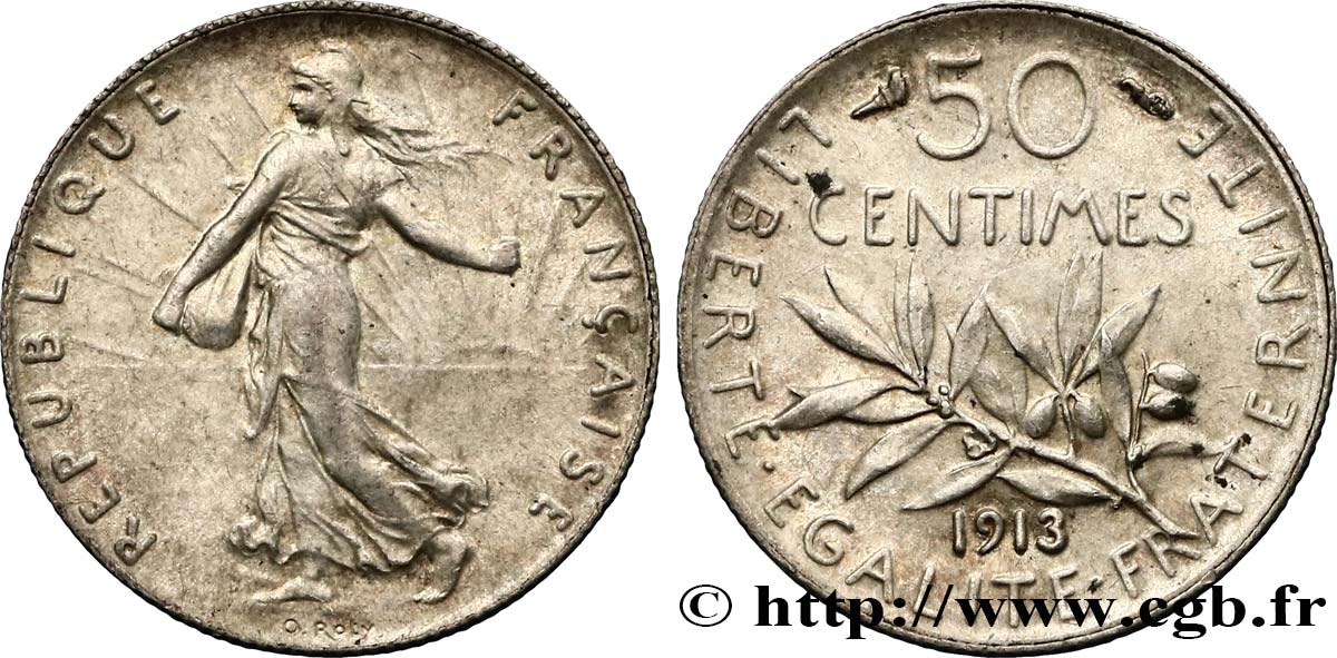 50 centimes Semeuse 1913 Paris F.190/20 EBC55