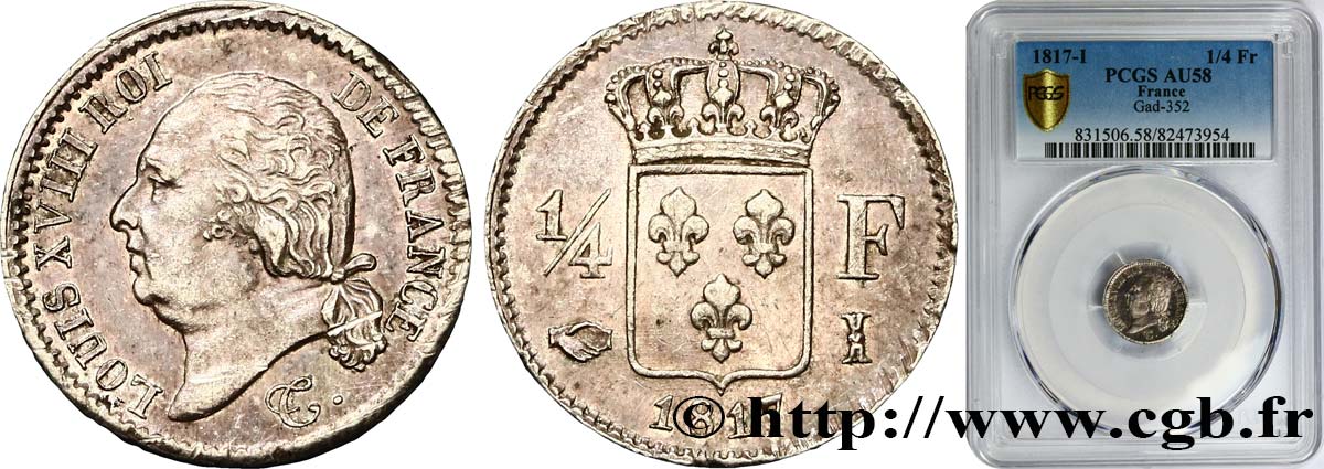 1/4 franc Louis XVIII 1817 Limoges F.163/5 AU58 PCGS