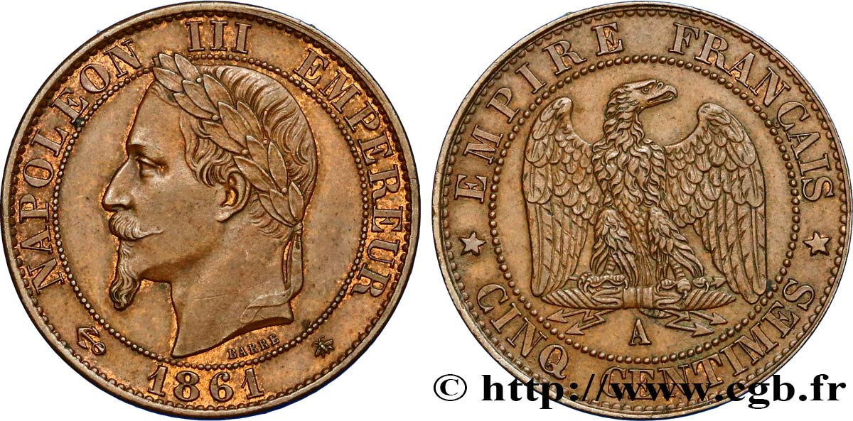 Cinq centimes Napoléon III, tête laurée 1861 Paris F.117/4 SS52 