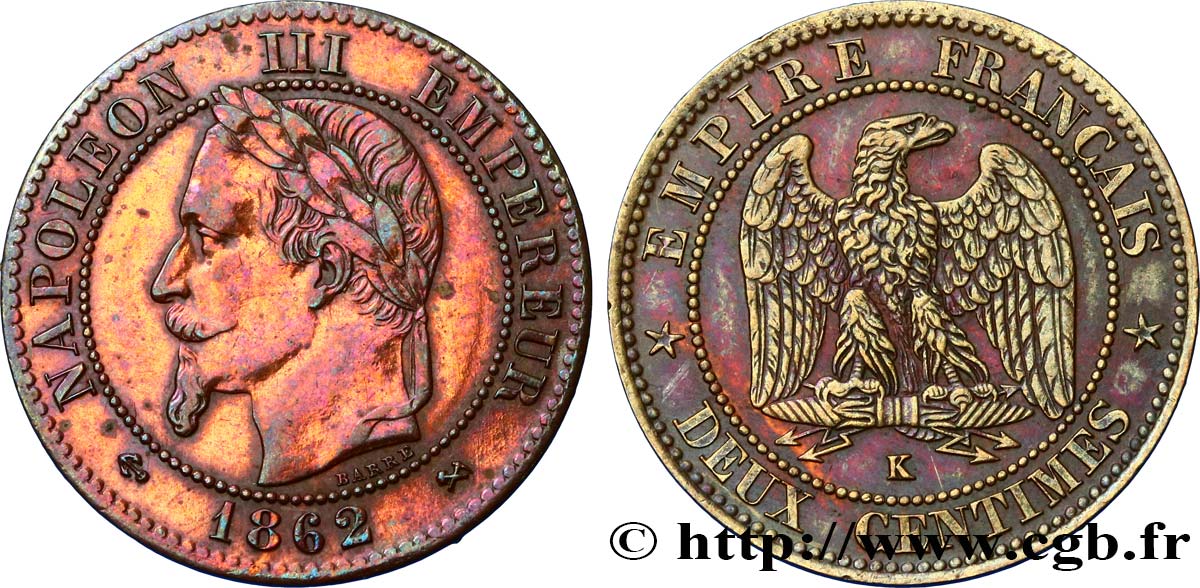 Deux centimes Napoléon III, tête laurée, buste définitif 1862 Bordeaux F.108A/7 q.SPL 
