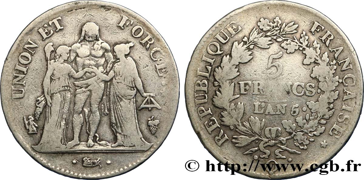 5 francs Union et Force, Union serré, seulement gland extérieur 1797 Perpignan F.288/26 BC35 