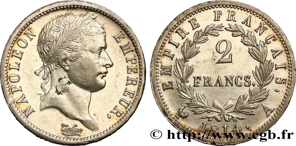 2 francs Napoléon Ier tête laurée, Empire français 1814 Paris F.255/67 MBC+ 