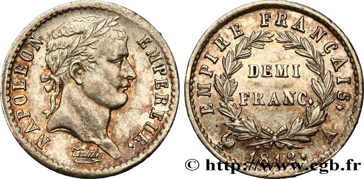Demi-franc Napoléon Ier tête laurée, Empire français 1812 Paris F.178/35 AU55 