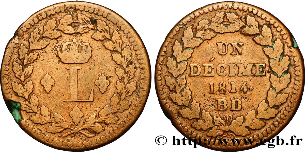 Un décime à l’L couronnée 1814 Strasbourg F.132/1 TB25