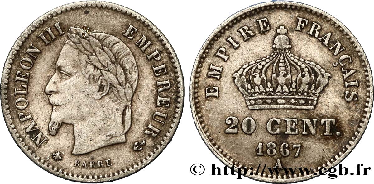 20 centimes Napoléon III, tête laurée, grand module 1867 Paris F.150/1 TTB45