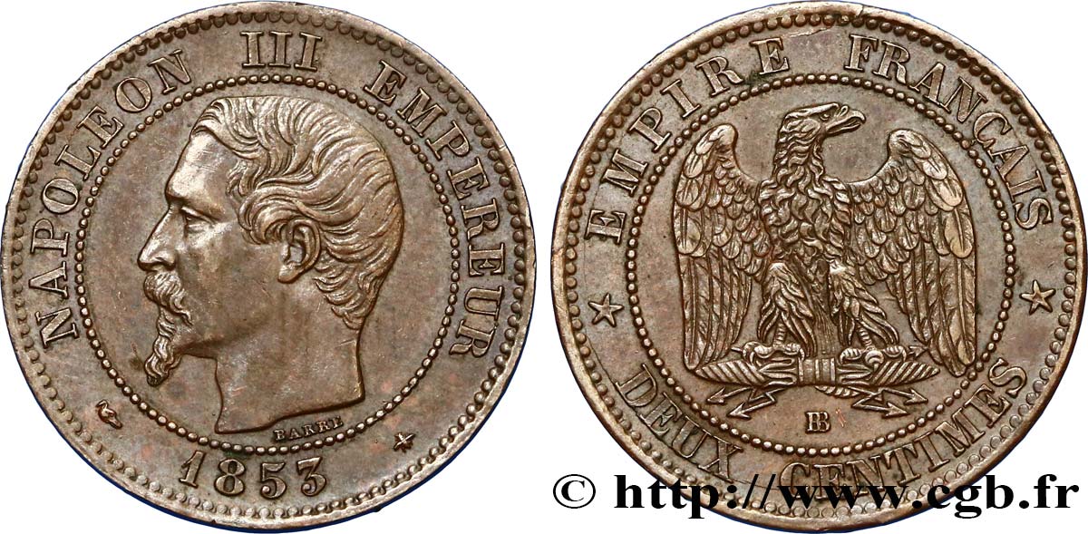 Deux centimes Napoléon III, tête nue 1853 Strasbourg F.107/3 AU55 