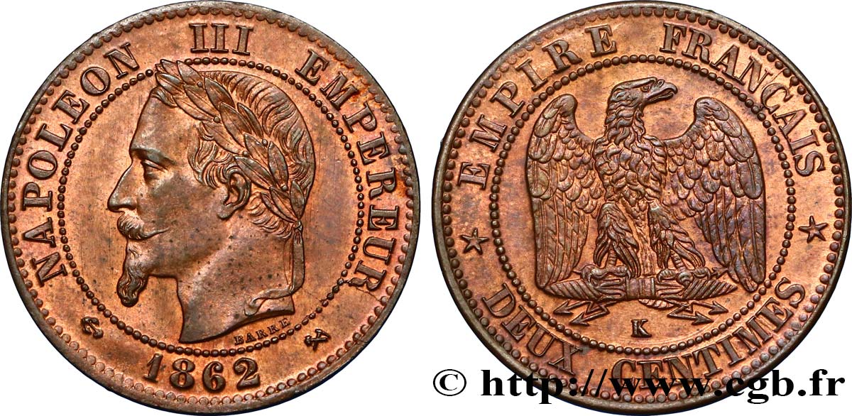 Deux centimes Napoléon III, tête laurée, buste définitif 1862 Bordeaux F.108A/7 SUP60