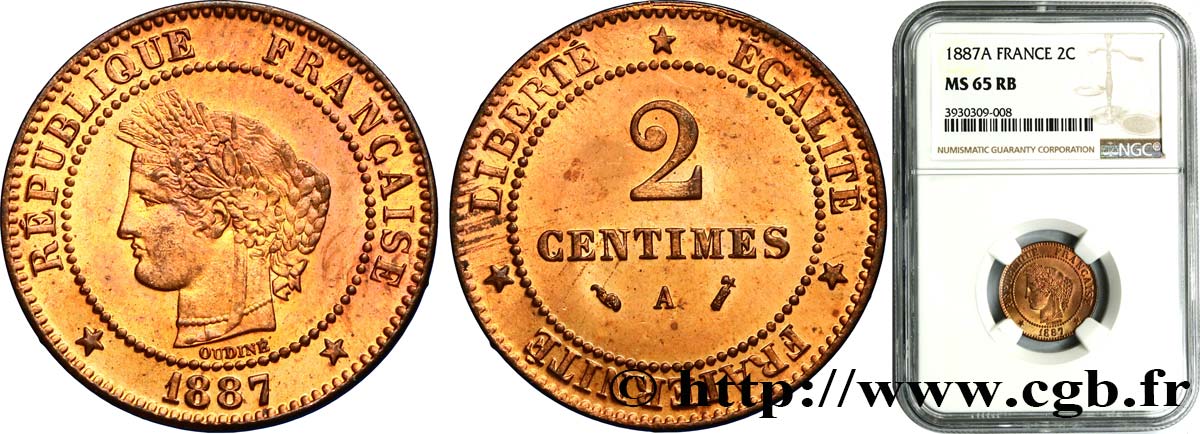 2 centimes Cérès 1887 Paris F.109/13 ST65 NGC