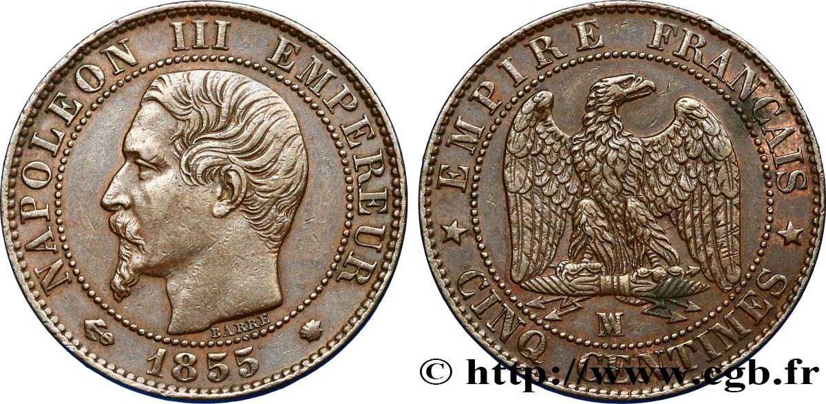 Cinq centimes Napoléon III, tête nue 1855 Marseille F.116/27 TTB50 