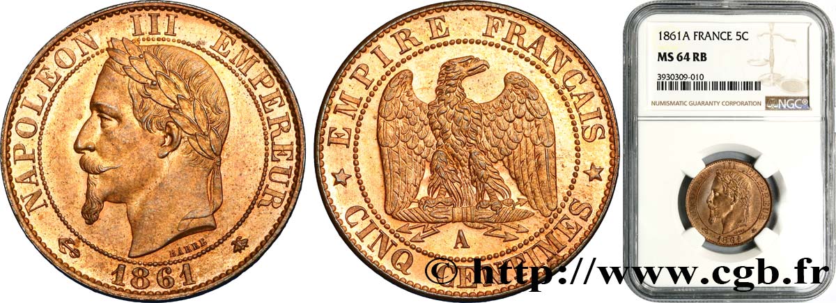 Cinq centimes Napoléon III, tête laurée 1861 Paris F.117/4 SPL64 NGC