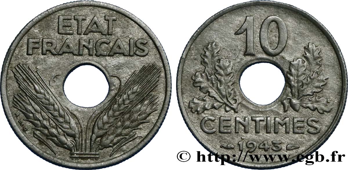 10 centimes État français, grand module 1943  F.141/5 TTB48 