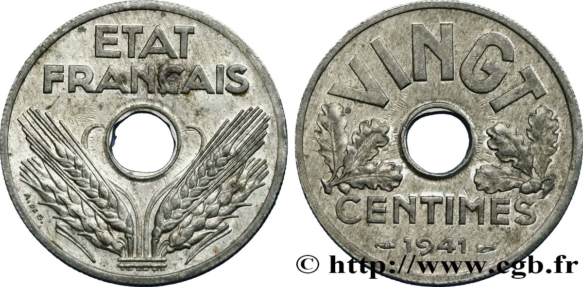 VINGT centimes État français 1941  F.152/2 AU52 