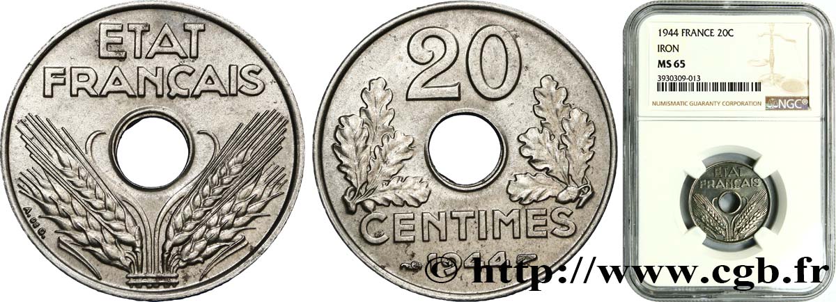 20 centimes fer 1944  F.154/3 MS65 NGC