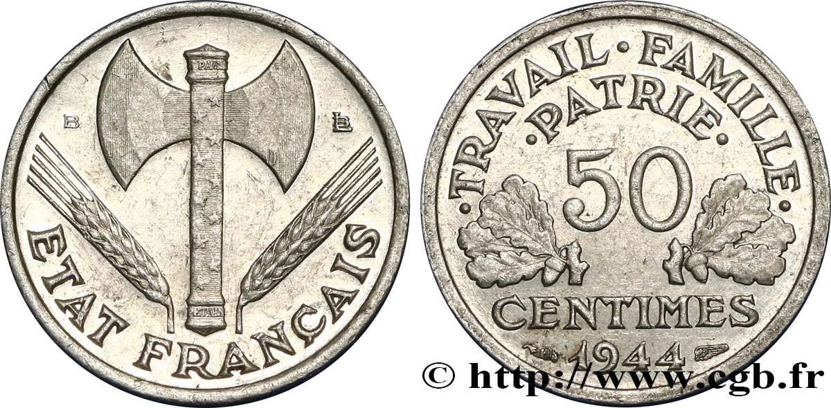 50 centimes Francisque, légère 1944 Beaumont-Le-Roger F.196/5 AU55 
